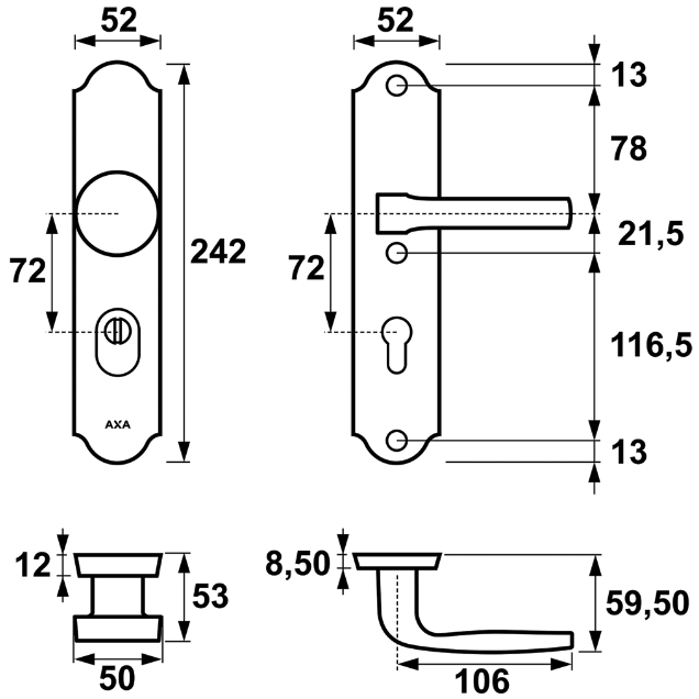 Door handle-knob set 72 mm Axa Home Security Verona Flex