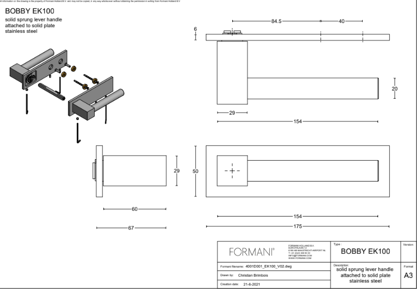 Door handle on horizontal plate Formani Bobby EK100G