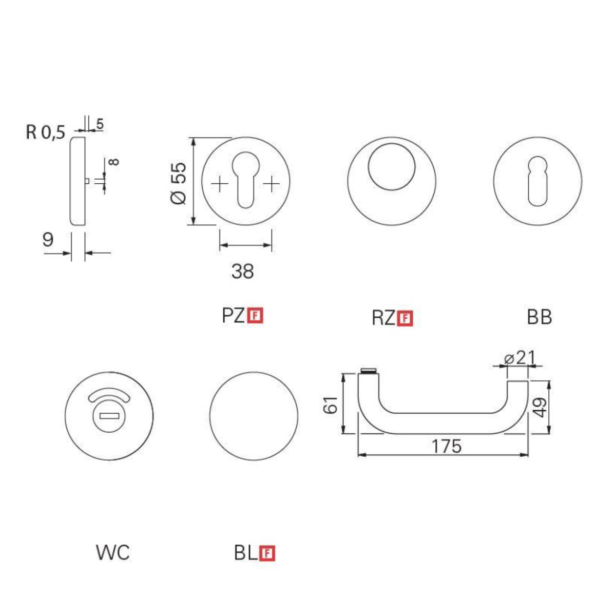 Fire-resistant door handle 9 mm Eco Schulte OKL Magis D-190