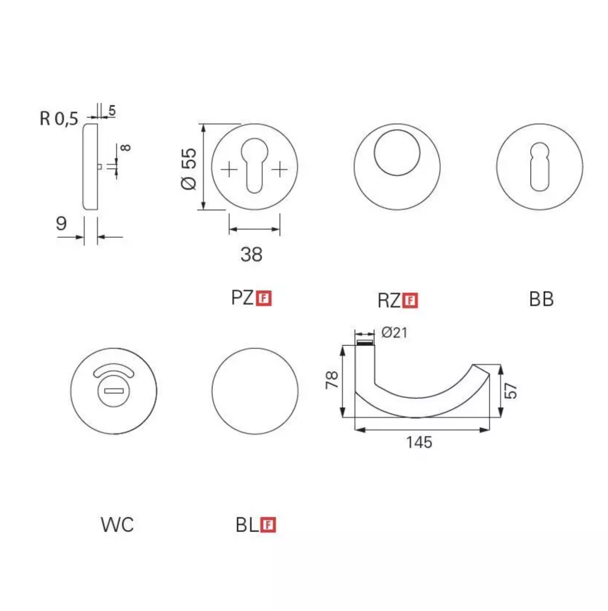 Fire-resistant door handle 9 mm Eco Schulte OKL Magis D-510