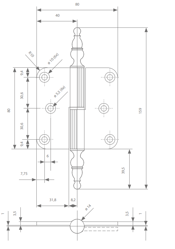 Lift off butt hinges with decorative final Argenta 80/80A