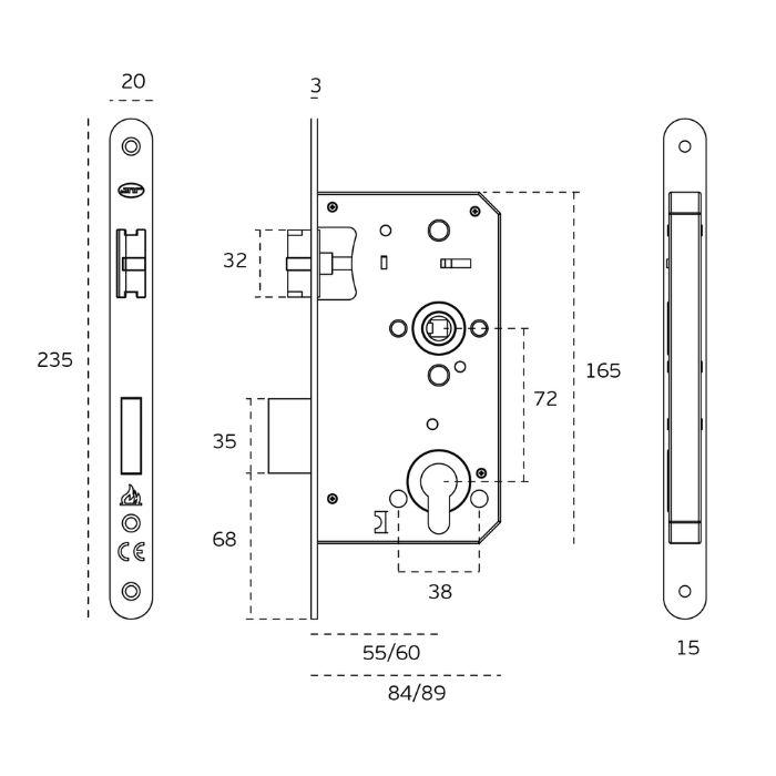 Mortise lock for fire-resistant doors JNF lN.20.990