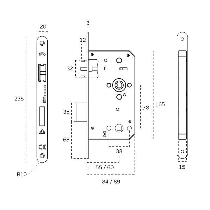 Mortise lock for fire-resistant doors JNF lN.20.990