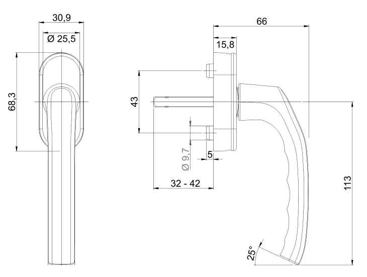 Window handle HOPPE 0600/US952 STUTTGART Secustik 45° (32-42mm)