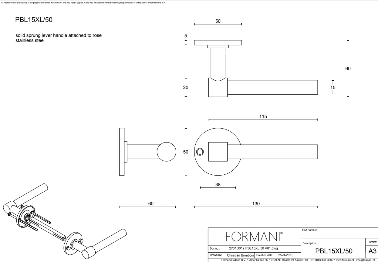 Дверная ручка Formani ONE PBL15XL/50